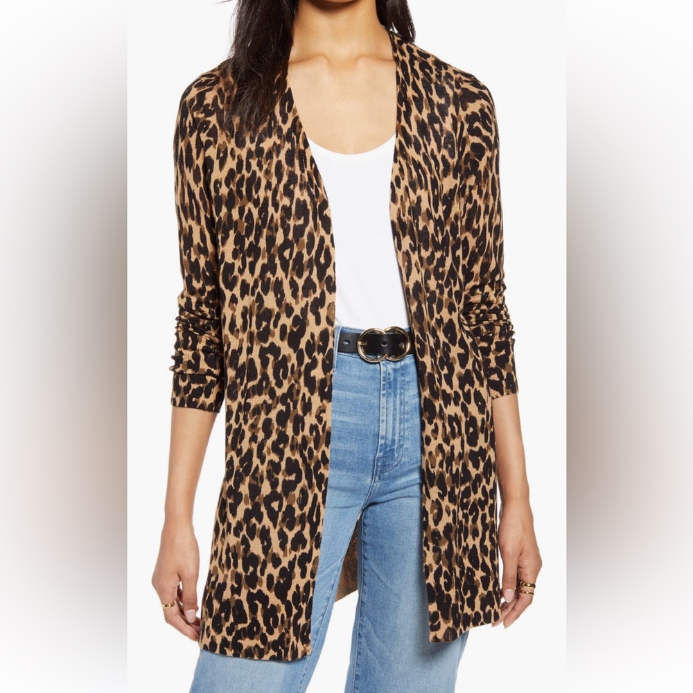 Halogen women’s Leopard Print linen blend open front Cardigan small